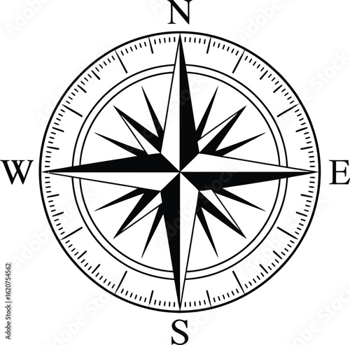 Black and White Compass Rose Isolated on Transparent Background