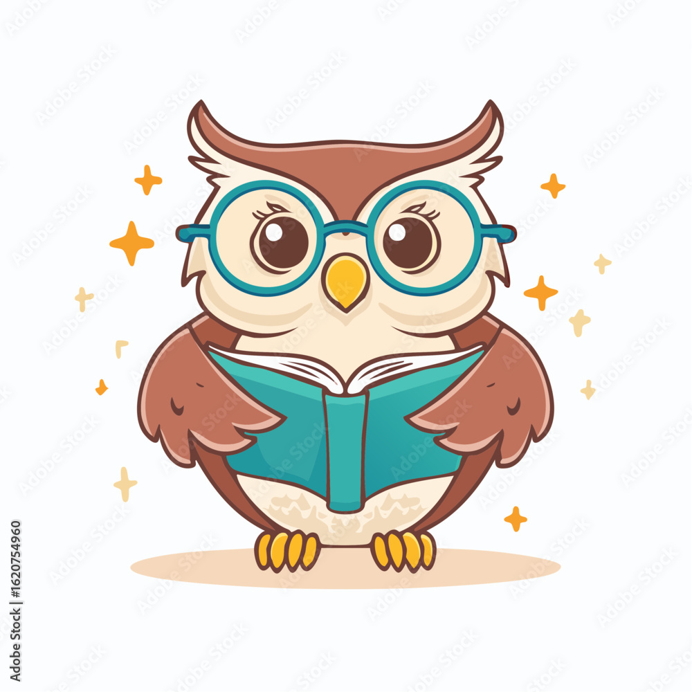 Fototapeta premium Wise Owl with Book: A charming cartoon illustration of a wise owl, adorned with glasses and engrossed in a book, against a clean backdrop, embodying the spirit of knowledge and learning.