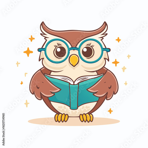 Wise Owl with Book: A charming cartoon illustration of a wise owl, adorned with glasses and engrossed in a book, against a clean backdrop, embodying the spirit of knowledge and learning.