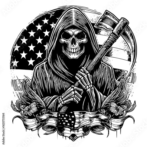 Grim reaper with scythe and flag