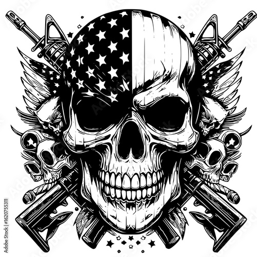 American flag skull with guns