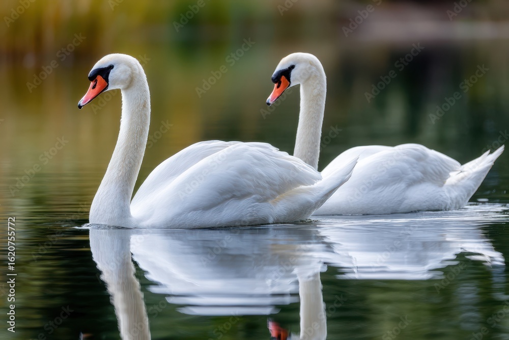 Fototapeta premium Swans gliding gracefully over a serene lake during a sunny afternoon