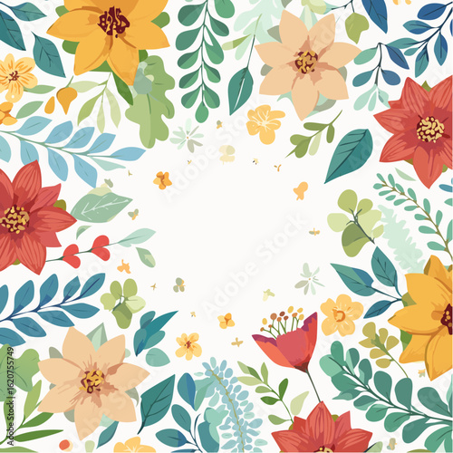 Floral Frame with Vibrant Colors: A stunning arrangement of colorful flowers and leaves in a captivating floral frame, designed with artistic flair and vivid hues to bring a breath of fresh life
