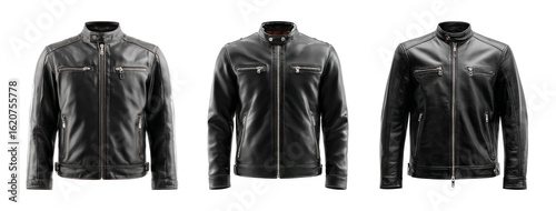 Set of Three Stylish Black Leather Jackets on Transparent Background