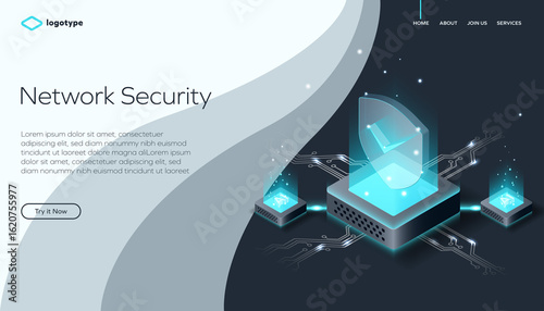 Abstract web page template for digital technology or blockchain on wavy stylish background. Network infrastructure website layout concept. Isometric vector illustration with artificial intelligence.