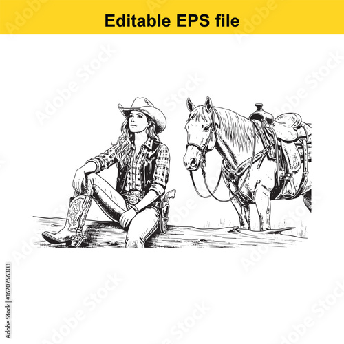 Vector art of cowgirl resting beside her horse in a rural setting