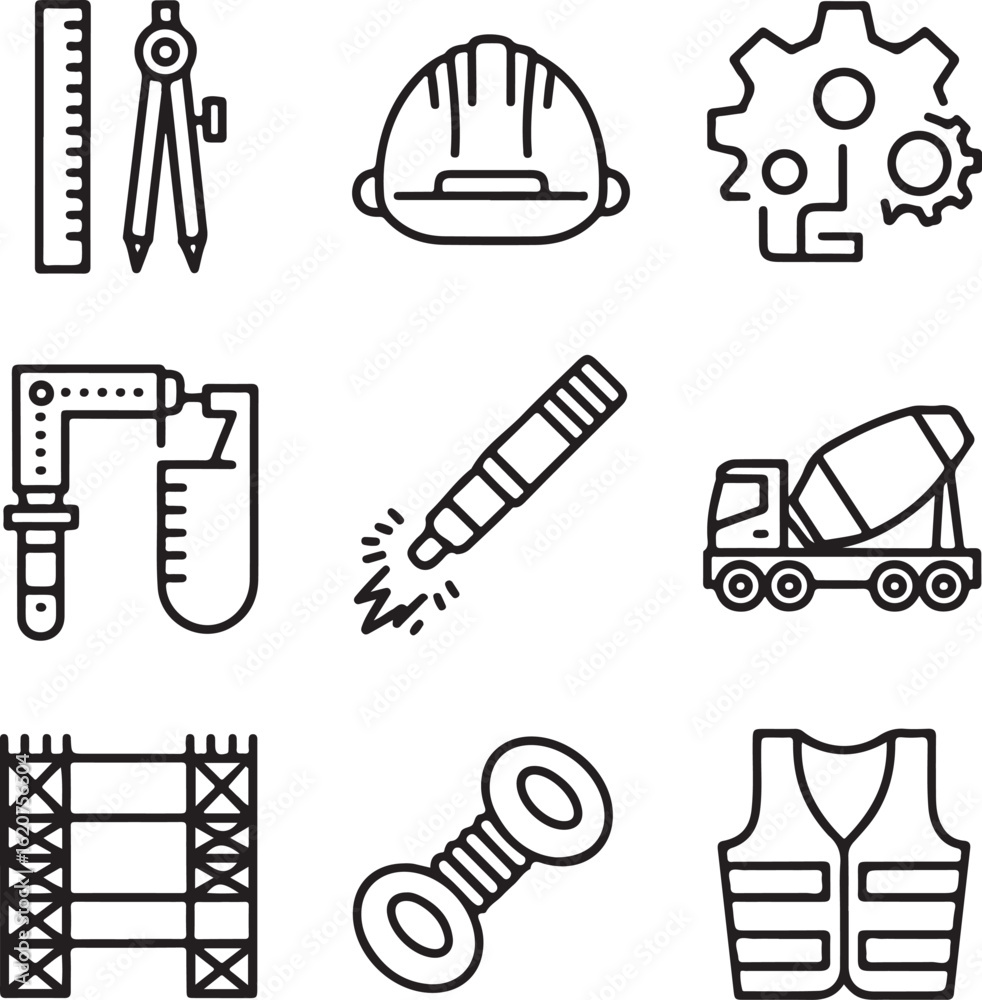 Fototapeta premium Mechanical and Civil Engineering Line Icon Pack — Tools, Drafting, Construction Equipment, and Production Systems