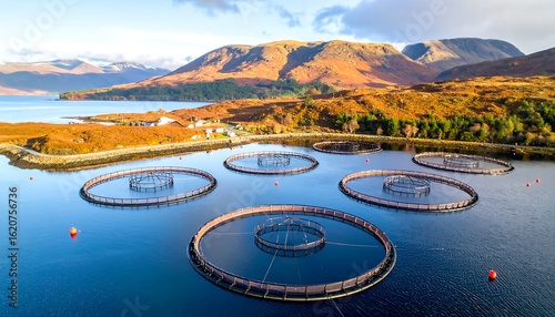 Aerial view of fish farms in a loch