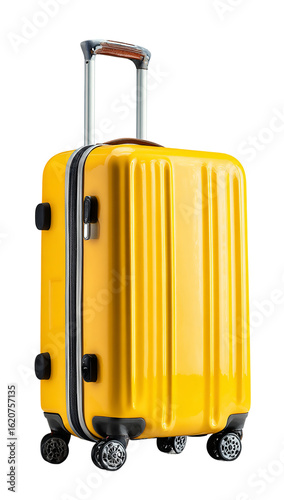 A bright yellow suitcase with wheels and a retractable handle on a isolated on transparent background