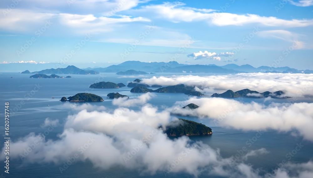 Obraz premium Aerial view of islands shrouded in clouds