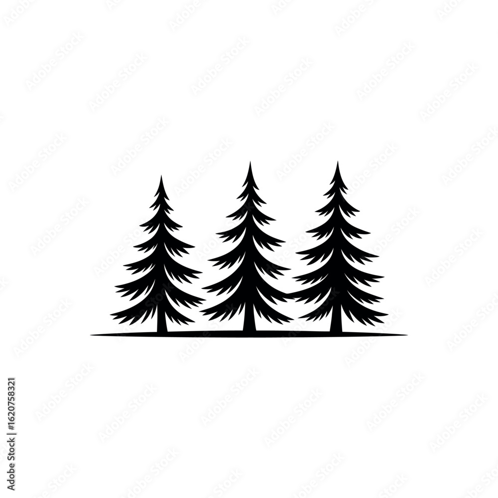 Obraz premium Black silhouette of three pine trees on a white background evergreen forest
