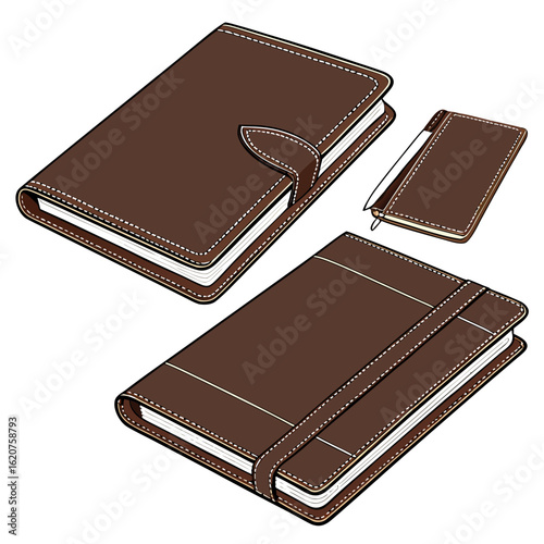 Three brown leather notebooks with white stitching on a white background