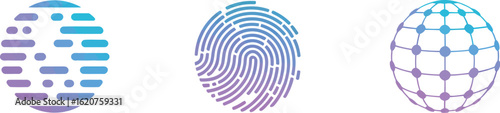 Abstract tech logo design with fingerprint globe and data stream concept art vector illustartion