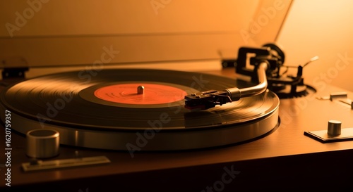 Vintage turntable playing a vinyl record, warm lighting, close-up view.