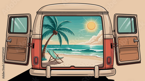 Beach van life illustration summer vacation travel destination paradise view vector illustartion