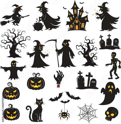 Spooky and festive halloween elements collection featuring witches pumpkins bats and ghosts