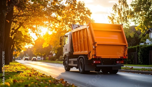 Garbage truck driving on autumn street