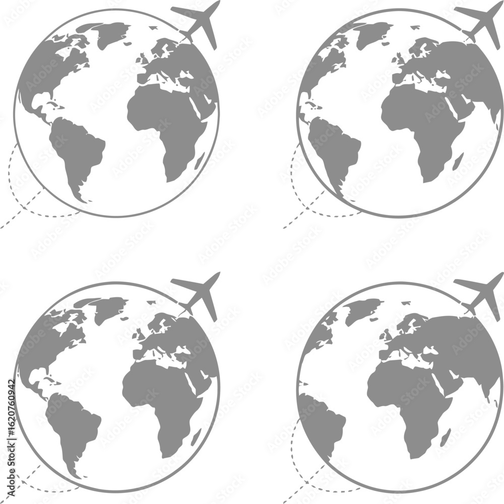 Fototapeta premium Four Gray Globe Icons with Airplane Flying Around on a White Background