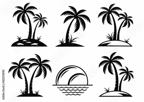 Collection of stylized black and white palm tree silhouettes on white background Keywords: palm tree, tropical, island, beach, silhouette, nature, travel, vacation, summer, ocean, sea, palm, trees