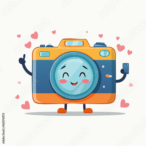 Joyful Camera: A charming animated camera character, brimming with happiness, embraces the art of photography, radiating positivity and capturing the essence of fun and creative expression. 