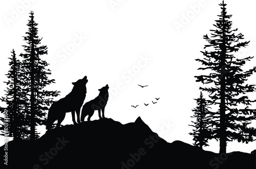 Silhouette of two wolves howling at the moon with trees and mountain in the background scenery
