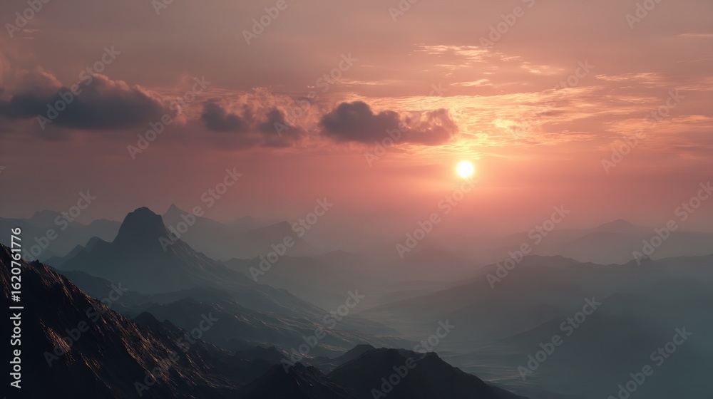 Fototapeta premium Serene mountain ranges kissed by the sunset s blush casting shadows and creating a peaceful vista in