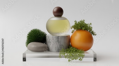Frosted glass perfume bottle with wooden cap surrounded by natural elements orange greenery