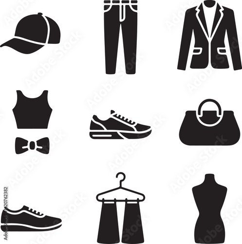 Minimal Fashion Items Silhouette Set — Streetwear, Formalwear, Casual Outfits, and Apparel Accessories Icons