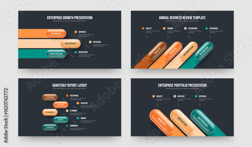 Corporate Performance Three Four Five Option Diagram Presentation Template Vector Illustration Collection. Product Development 3 4 5 Element Infographic Frame Layout Set.