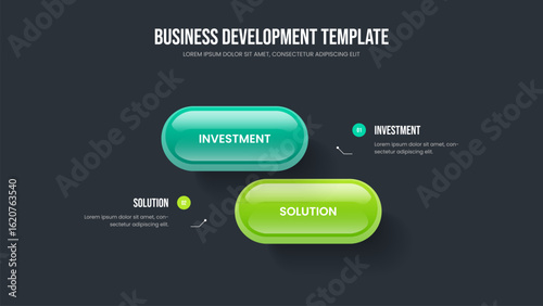 Modern Launch 2 Step Diagram Slideshow Layout. Company Planning Two Element Infographic Slide Design. Enterprise Overview Frame Template Vector Illustration.