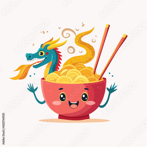 Dragon Noodle Bowl: Whimsical illustration of a cartoon dragon nestled in a bowl of noodles with chopsticks, celebrating cultural flavors and fun.