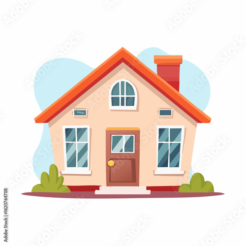 Dream Home's Colorful Charm: A charming, vibrant illustration of a cozy house. Inviting front facade, red roof, and lush greenery to create a sense of home and serenity.