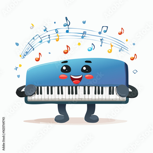 Musical Instrument: A cheerful blue piano character radiates joy as musical notes playfully dance around it. Capturing the essence of melody and mirth in a cartoon illustration.