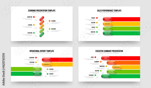 Business Portfolio Five Four Element Diagram Slideshow Template Vector Illustration Collection. Professional Innovation 5 4 Step Infographic Slide Layout Set.