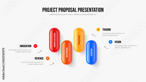 Advertising Portfolio Four Element Infographic Slide Layout. Enterprise Solution Slideshow Design Vector Illustration. Product Analysis 4 Option Diagram Presentation Template.