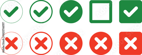 Green Check Marks and Red Crosses in Circles and Squares on a White Background