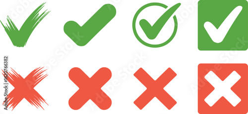 Green Check Marks and Red Crosses in Various Shapes on White Background Symbols