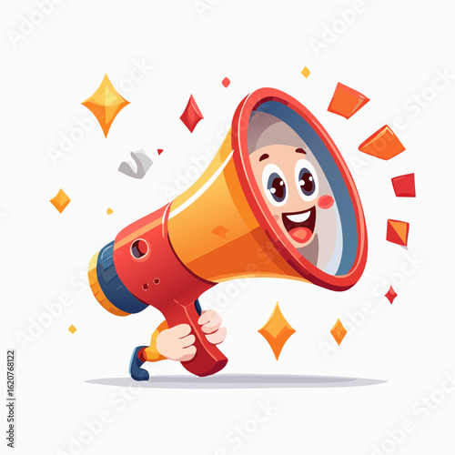 Cheerful Megaphone Announcement: An engaging cartoon megaphone figure, joyfully delivering an important announcement or conveying a vital message in a playful visual setting.