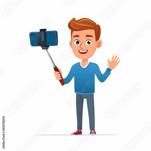 Modern Vlogger: A young, vibrant individual, armed with a selfie stick and smartphone, broadcasts to the world, embodying digital enthusiasm.