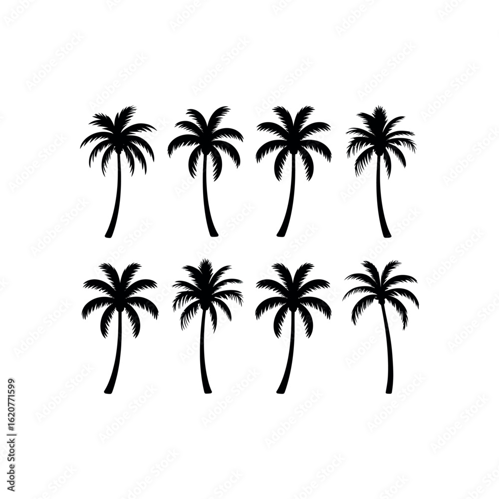Obraz premium Eight black palm tree silhouettes arranged in two rows on white background tropical