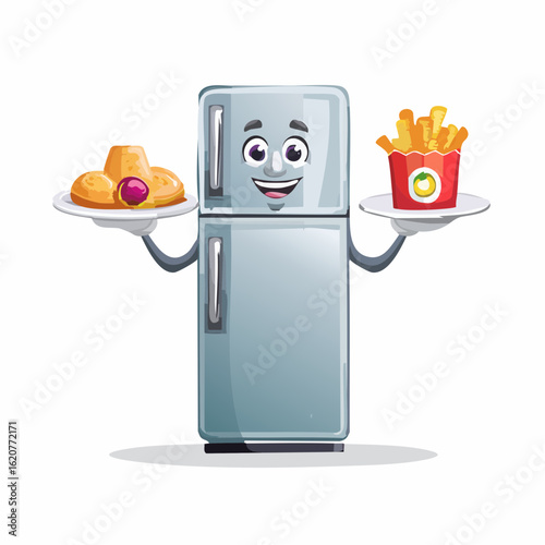 Fridge with Food Delights: A cheerful fridge character presents a platter of golden french fries and a dish of pastry, embodying a playful take on food storage.