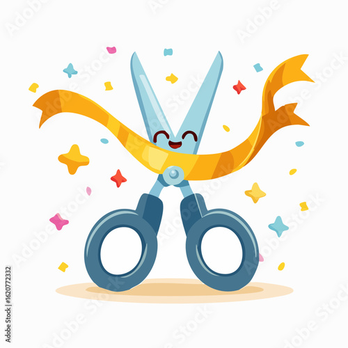 Grand Opening Celebration: Illustrative scissors joyfully cut a golden ribbon, confetti showering around, symbolizing the start of a new venture.