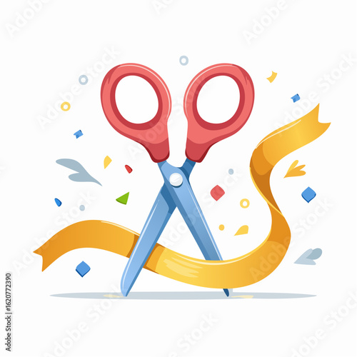 Grand Opening: A symbolic ribbon-cutting moment, scissors sever a vibrant gold ribbon amidst a confetti of celebration, representing commencement and opportunity.