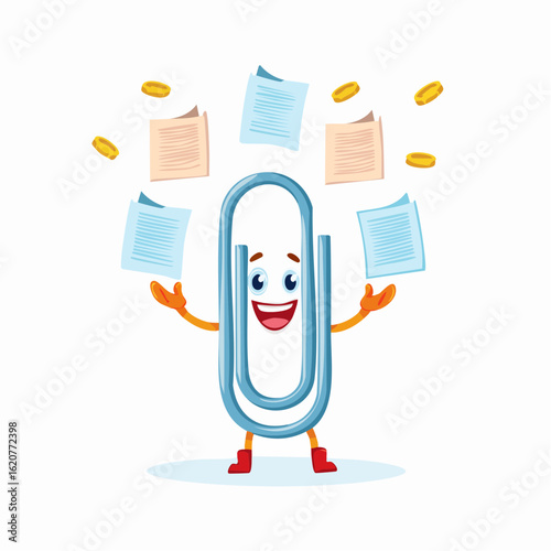 Paperclip's Daily Task: A cheerful anthropomorphic paperclip, the embodiment of organization, adeptly juggles papers and coins, reflecting productivity and financial management.