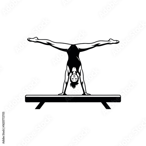 Black and white illustration of a female gymnast performing a handstand on a balance beam gymnastics