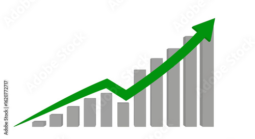 Green arrow showing upward trend over bar chart isolated on white background
