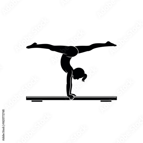 Black silhouette of a female gymnast performing a handstand on a balance beam gymnastics