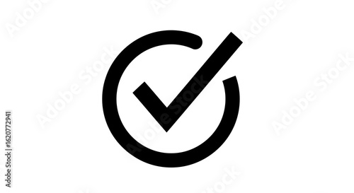 Black check mark inside a circle, symbolizing confirmation and completion, isolated on white background