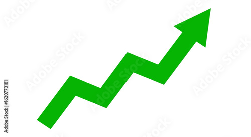 Green arrow pointing upwards, indicating growth and progress, isolated on white background