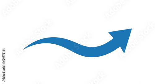 Blue curved arrow with a wavy shape pointing forward, indicating progress and movement, isolated on white background